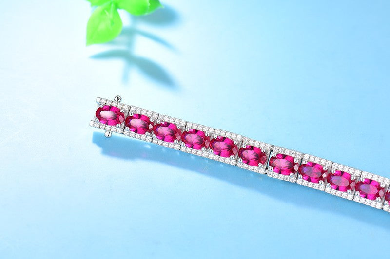 Sterling Silver Platinum Plated Inlaid Imitation Ruby Luxurious Elegant Imitation Synthetic Sapphire Fashionable Temperament Silver Jewelry Bracelet for Women