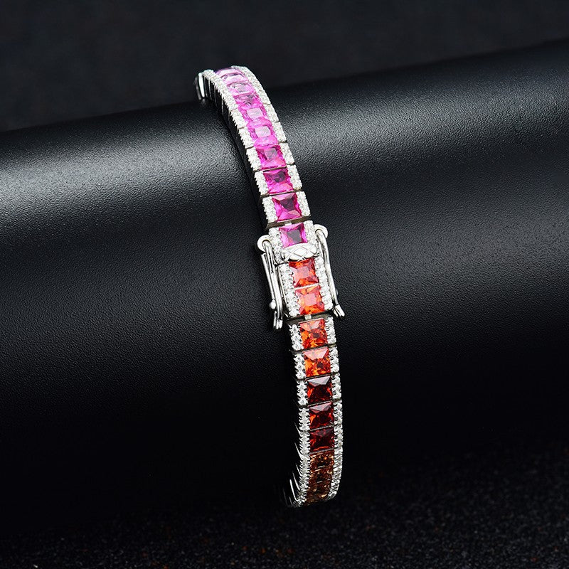 Princess Cut Gradient Color Gemstone Rainbow Full Diamond Chain Sterling Silver Platinum Plated Colorful Sapphire Fashionable Elegant Bracelet for Women