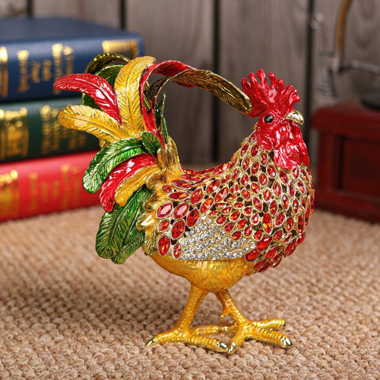 Metal Crafts Housewarming Gift Creative Ornament Enamel Color Big Diamond Rooster Decoration Box Zodiac Rooster Home Decor