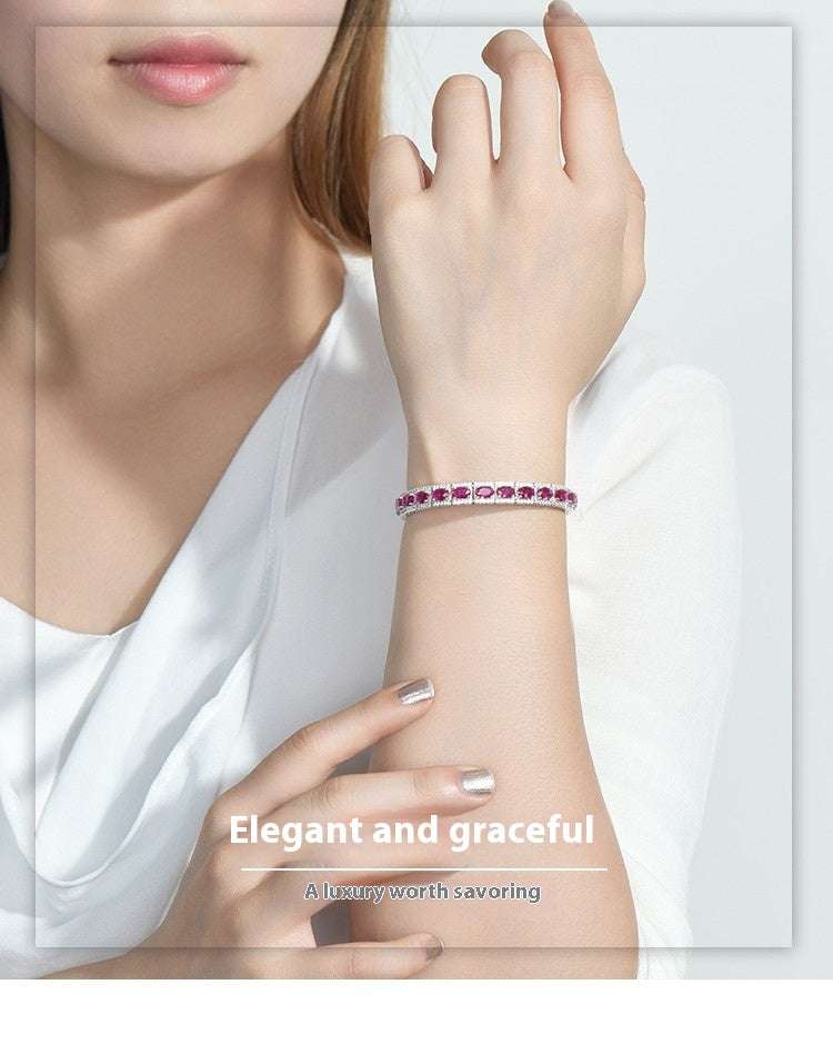 Sterling Silver Platinum Plated Inlaid Imitation Ruby Luxurious Elegant Imitation Synthetic Sapphire Fashionable Temperament Silver Jewelry Bracelet for Women