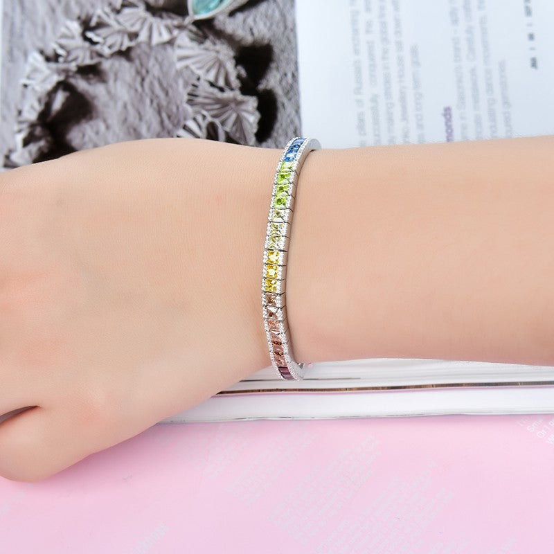 Princess Cut Gradient Color Gemstone Rainbow Full Diamond Chain Sterling Silver Platinum Plated Colorful Sapphire Fashionable Elegant Bracelet for Women