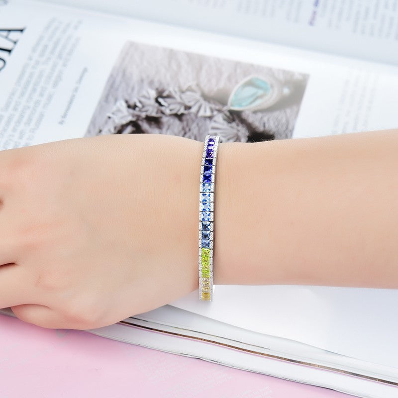 Princess Cut Gradient Color Gemstone Rainbow Full Diamond Chain Sterling Silver Platinum Plated Colorful Sapphire Fashionable Elegant Bracelet for Women