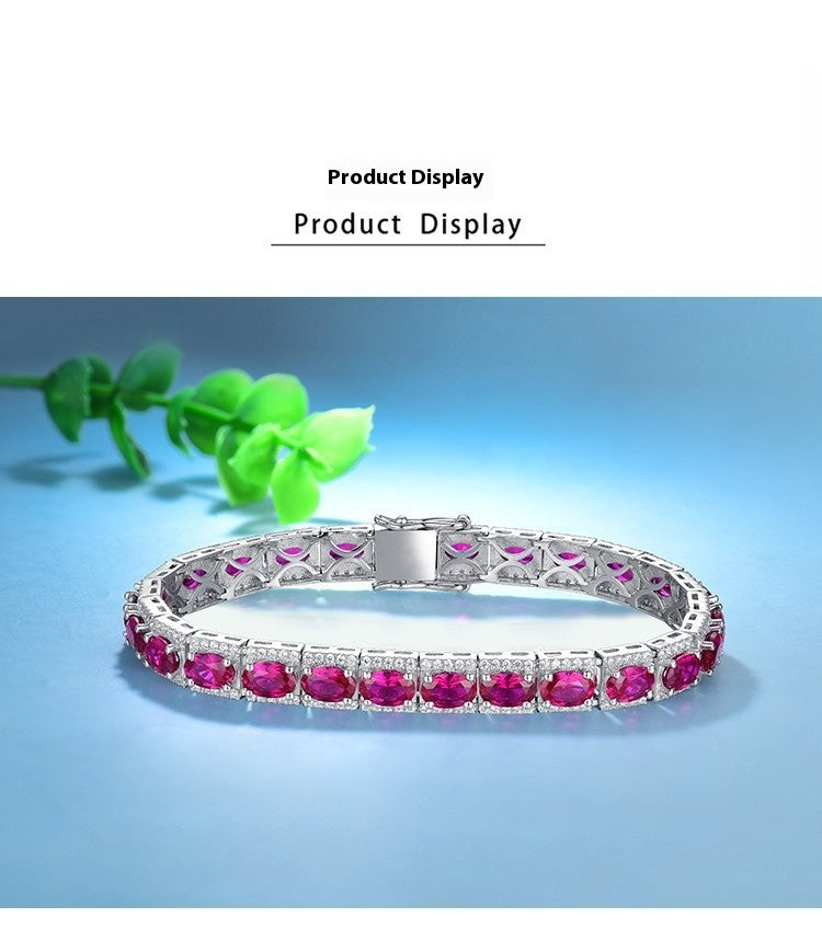 Sterling Silver Platinum Plated Inlaid Imitation Ruby Luxurious Elegant Imitation Synthetic Sapphire Fashionable Temperament Silver Jewelry Bracelet for Women