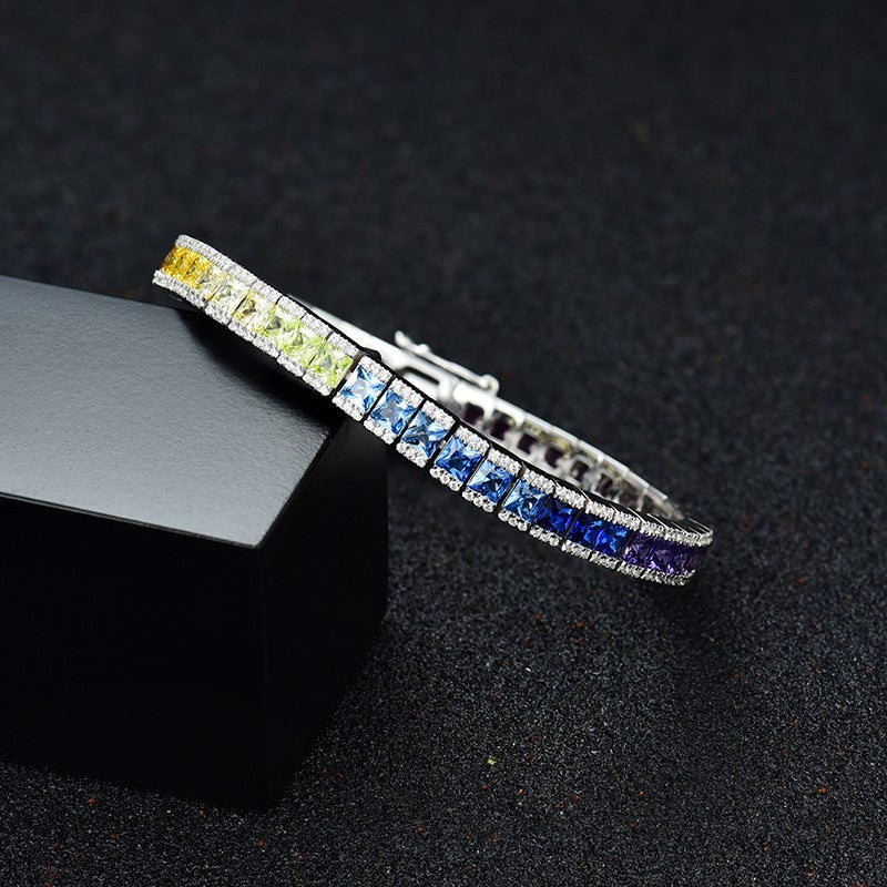 Princess Cut Gradient Color Gemstone Rainbow Full Diamond Chain Sterling Silver Platinum Plated Colorful Sapphire Fashionable Elegant Bracelet for Women