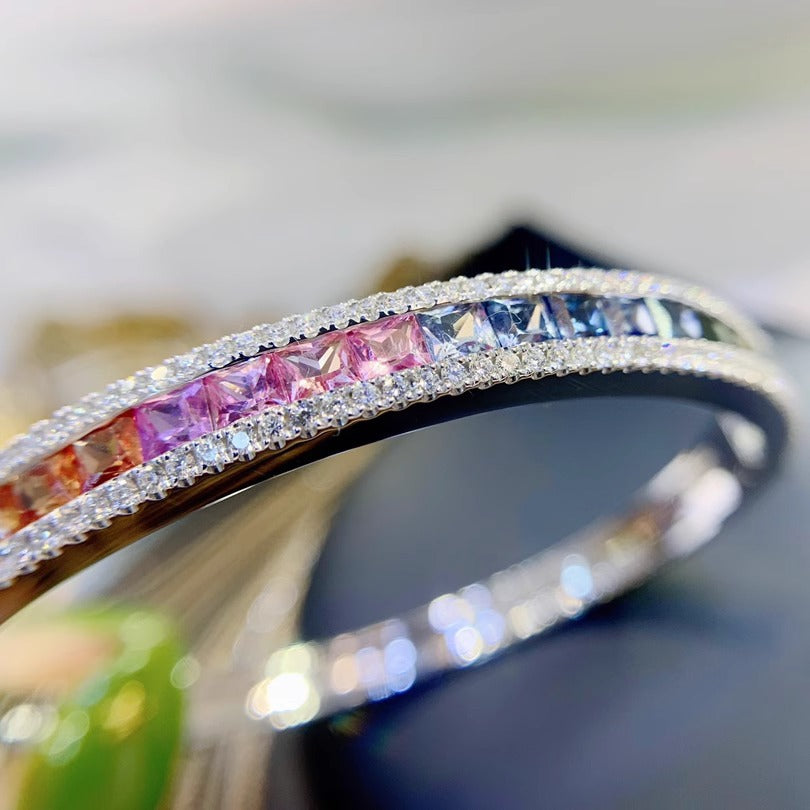 Red Elk Full Body S925Sterling Silver Two-Row Diamond Inlaid Rainbow Sapphire Bracelet for Women French Light Luxury Niche Personality
