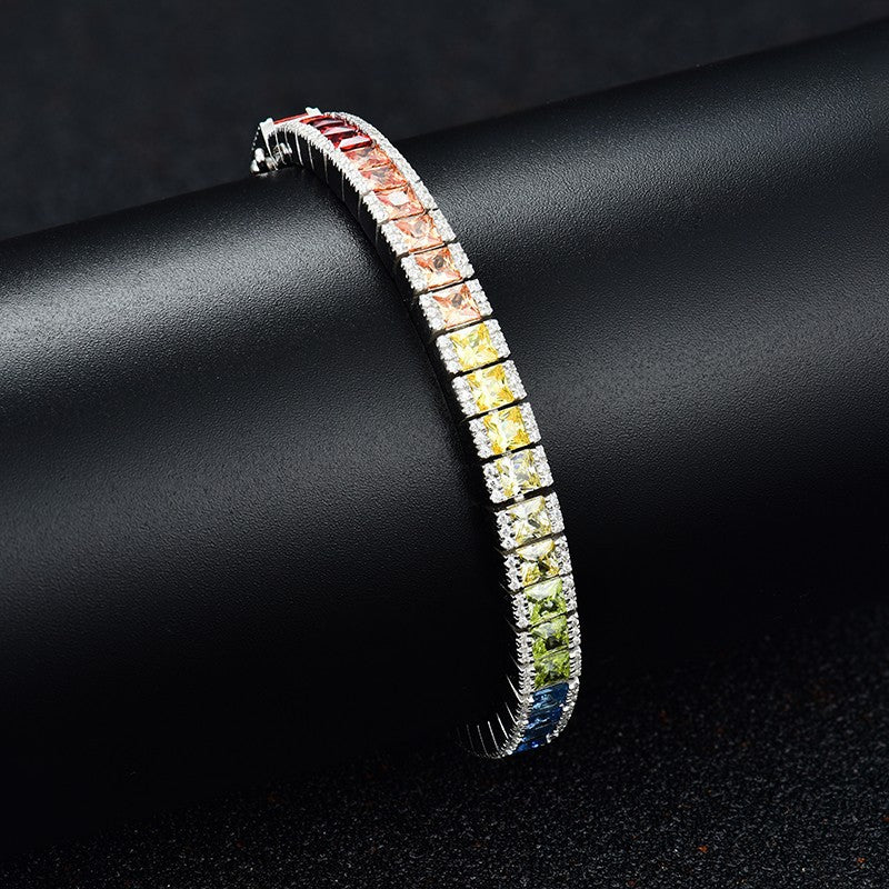 Princess Cut Gradient Color Gemstone Rainbow Full Diamond Chain Sterling Silver Platinum Plated Colorful Sapphire Fashionable Elegant Bracelet for Women