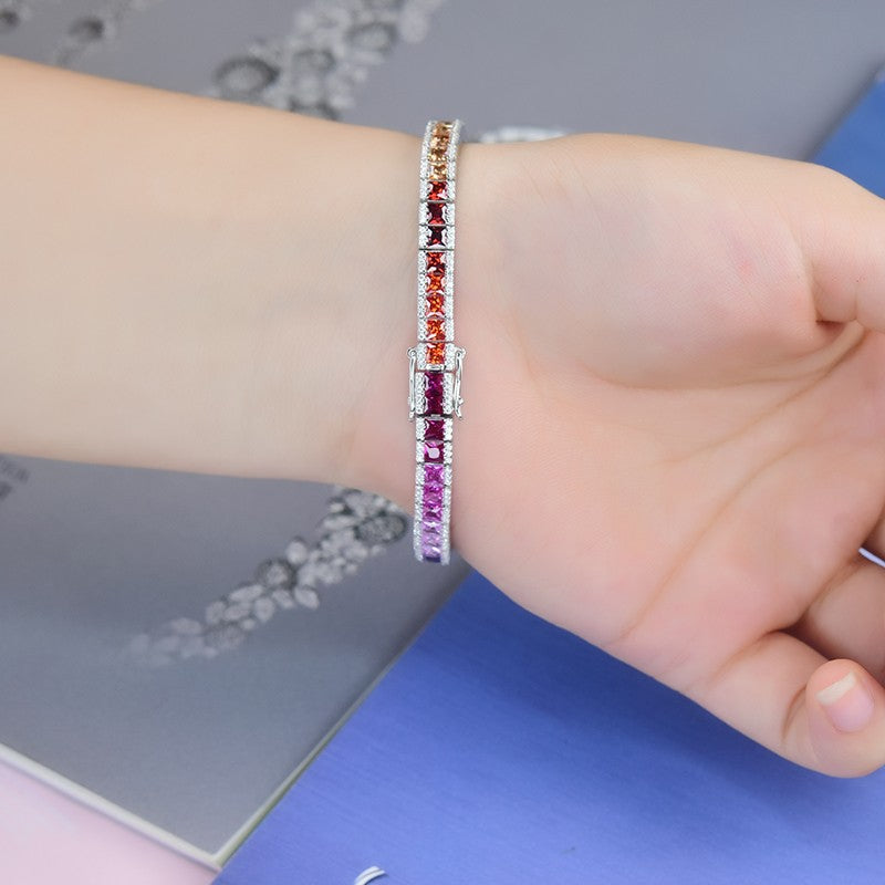 Princess Cut Gradient Color Gemstone Rainbow Full Diamond Chain Sterling Silver Platinum Plated Colorful Sapphire Fashionable Elegant Bracelet for Women