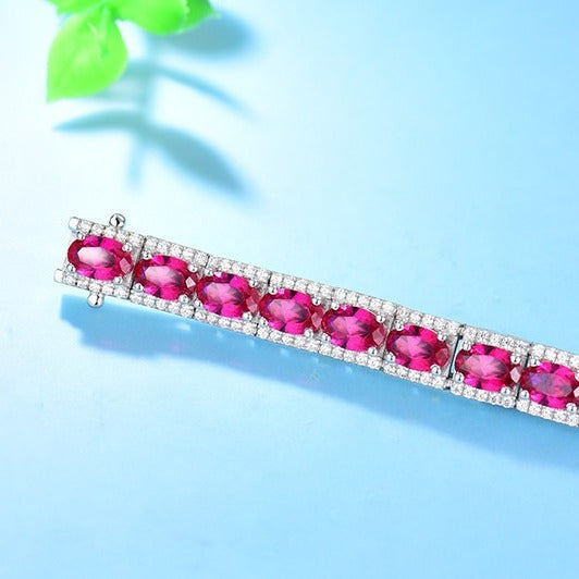 Sterling Silver Platinum Plated Inlaid Imitation Ruby Luxurious Elegant Imitation Synthetic Sapphire Fashionable Temperament Silver Jewelry Bracelet for Women