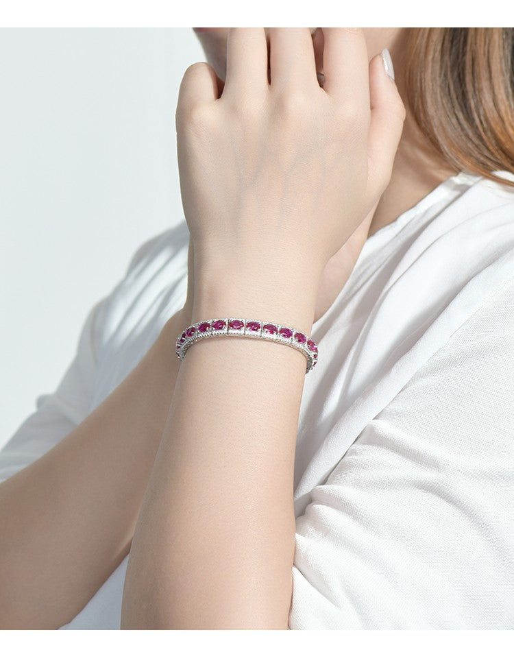 Sterling Silver Platinum Plated Inlaid Imitation Ruby Luxurious Elegant Imitation Synthetic Sapphire Fashionable Temperament Silver Jewelry Bracelet for Women