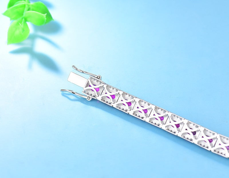 Sterling Silver Platinum Plated Inlaid Imitation Ruby Luxurious Elegant Imitation Synthetic Sapphire Fashionable Temperament Silver Jewelry Bracelet for Women