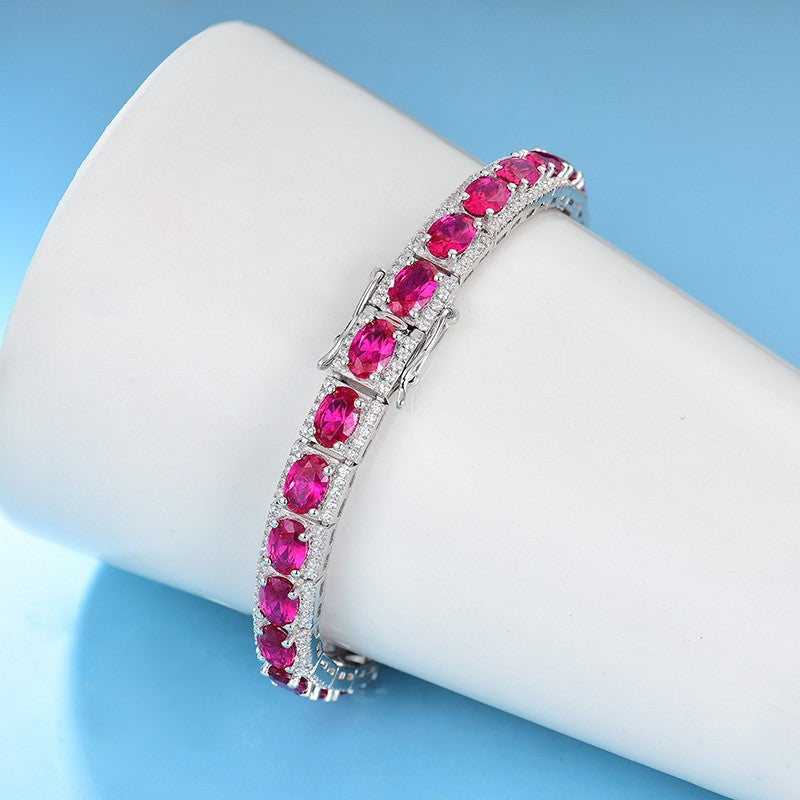 Sterling Silver Platinum Plated Inlaid Imitation Ruby Luxurious Elegant Imitation Synthetic Sapphire Fashionable Temperament Silver Jewelry Bracelet for Women