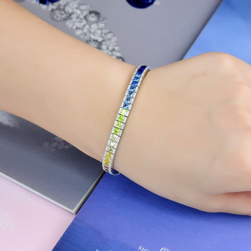 Princess Cut Gradient Color Gemstone Rainbow Full Diamond Chain Sterling Silver Platinum Plated Colorful Sapphire Fashionable Elegant Bracelet for Women