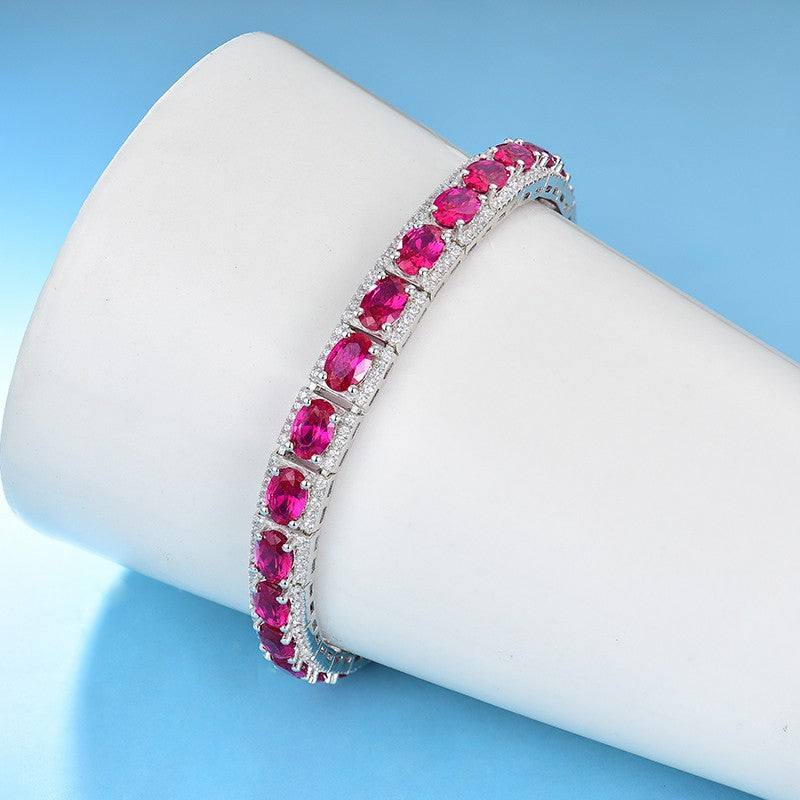 Sterling Silver Platinum Plated Inlaid Imitation Ruby Luxurious Elegant Imitation Synthetic Sapphire Fashionable Temperament Silver Jewelry Bracelet for Women