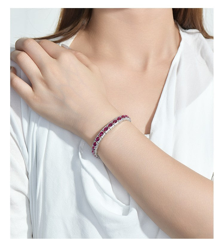 Sterling Silver Platinum Plated Inlaid Imitation Ruby Luxurious Elegant Imitation Synthetic Sapphire Fashionable Temperament Silver Jewelry Bracelet for Women