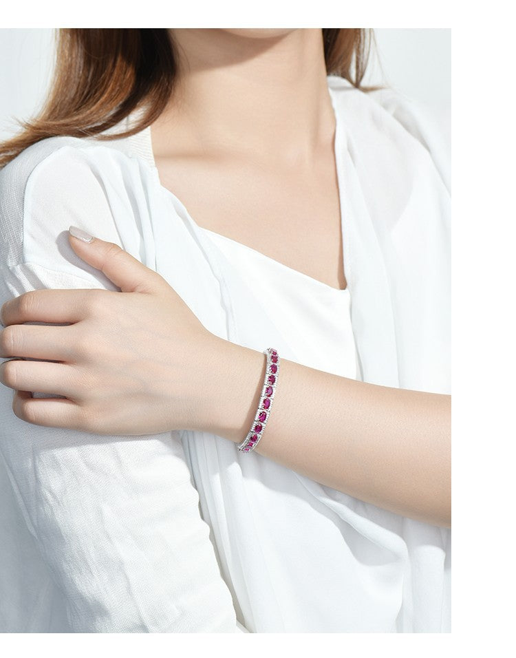 Sterling Silver Platinum Plated Inlaid Imitation Ruby Luxurious Elegant Imitation Synthetic Sapphire Fashionable Temperament Silver Jewelry Bracelet for Women