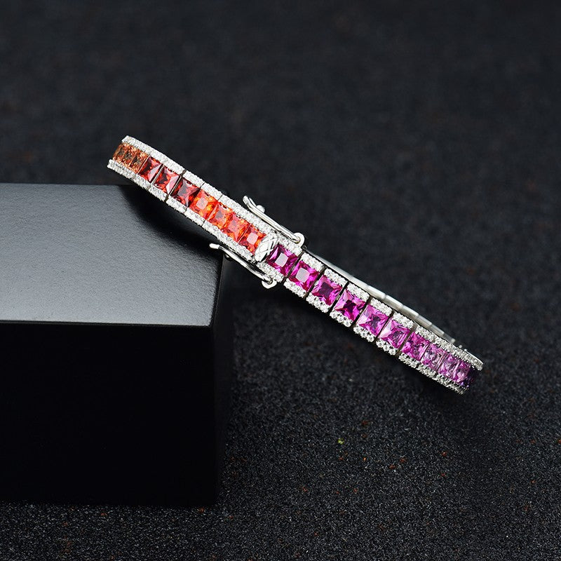 Princess Cut Gradient Color Gemstone Rainbow Full Diamond Chain Sterling Silver Platinum Plated Colorful Sapphire Fashionable Elegant Bracelet for Women