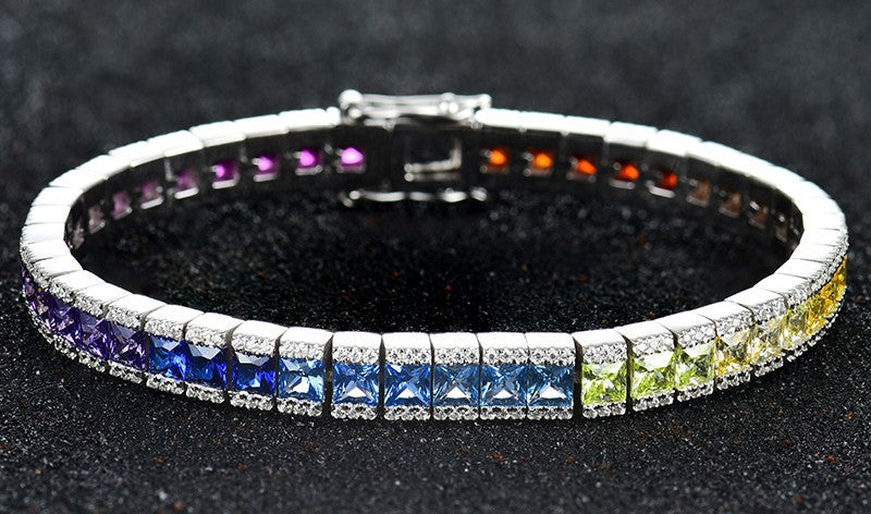 Princess Cut Gradient Color Gemstone Rainbow Full Diamond Chain Sterling Silver Platinum Plated Colorful Sapphire Fashionable Elegant Bracelet for Women