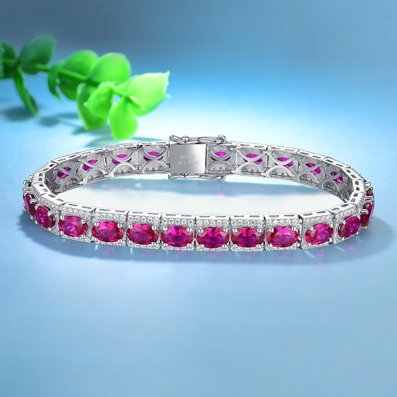 Sterling Silver Platinum Plated Inlaid Imitation Ruby Luxurious Elegant Imitation Synthetic Sapphire Fashionable Temperament Silver Jewelry Bracelet for Women