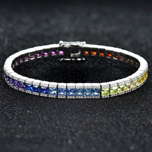 Princess Cut Gradient Color Gemstone Rainbow Full Diamond Chain Sterling Silver Platinum Plated Colorful Sapphire Fashionable Elegant Bracelet for Women