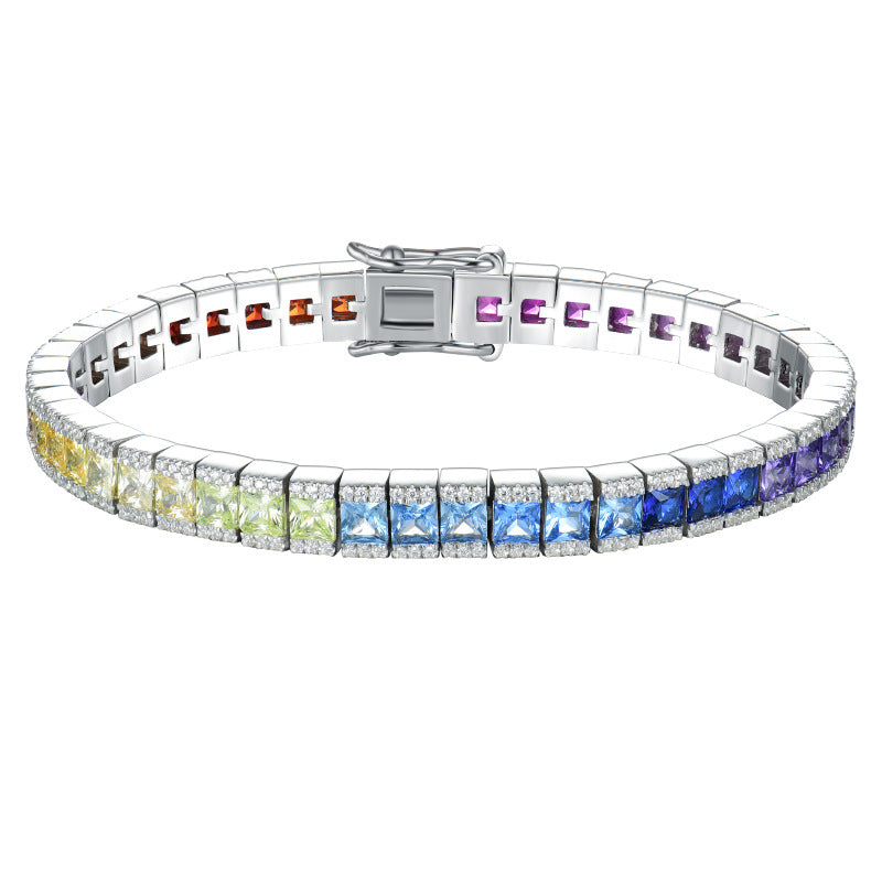 Princess Cut Gradient Color Gemstone Rainbow Full Diamond Chain Sterling Silver Platinum Plated Colorful Sapphire Fashionable Elegant Bracelet for Women
