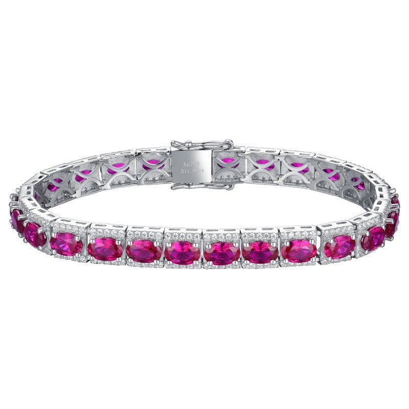 Sterling Silver Platinum Plated Inlaid Imitation Ruby Luxurious Elegant Imitation Synthetic Sapphire Fashionable Temperament Silver Jewelry Bracelet for Women