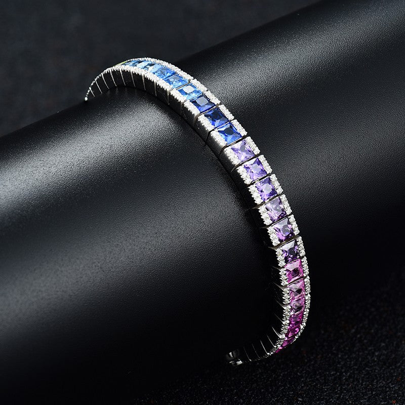 Princess Cut Gradient Color Gemstone Rainbow Full Diamond Chain Sterling Silver Platinum Plated Colorful Sapphire Fashionable Elegant Bracelet for Women