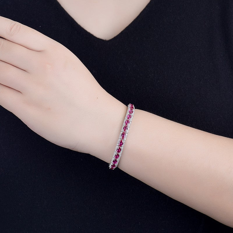 Sterling Silver Platinum Plated Inlaid Imitation Ruby Luxurious Elegant Imitation Synthetic Sapphire Fashionable Temperament Silver Jewelry Bracelet for Women