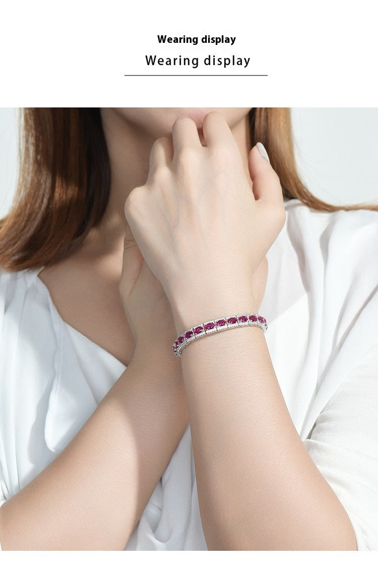 Sterling Silver Platinum Plated Inlaid Imitation Ruby Luxurious Elegant Imitation Synthetic Sapphire Fashionable Temperament Silver Jewelry Bracelet for Women